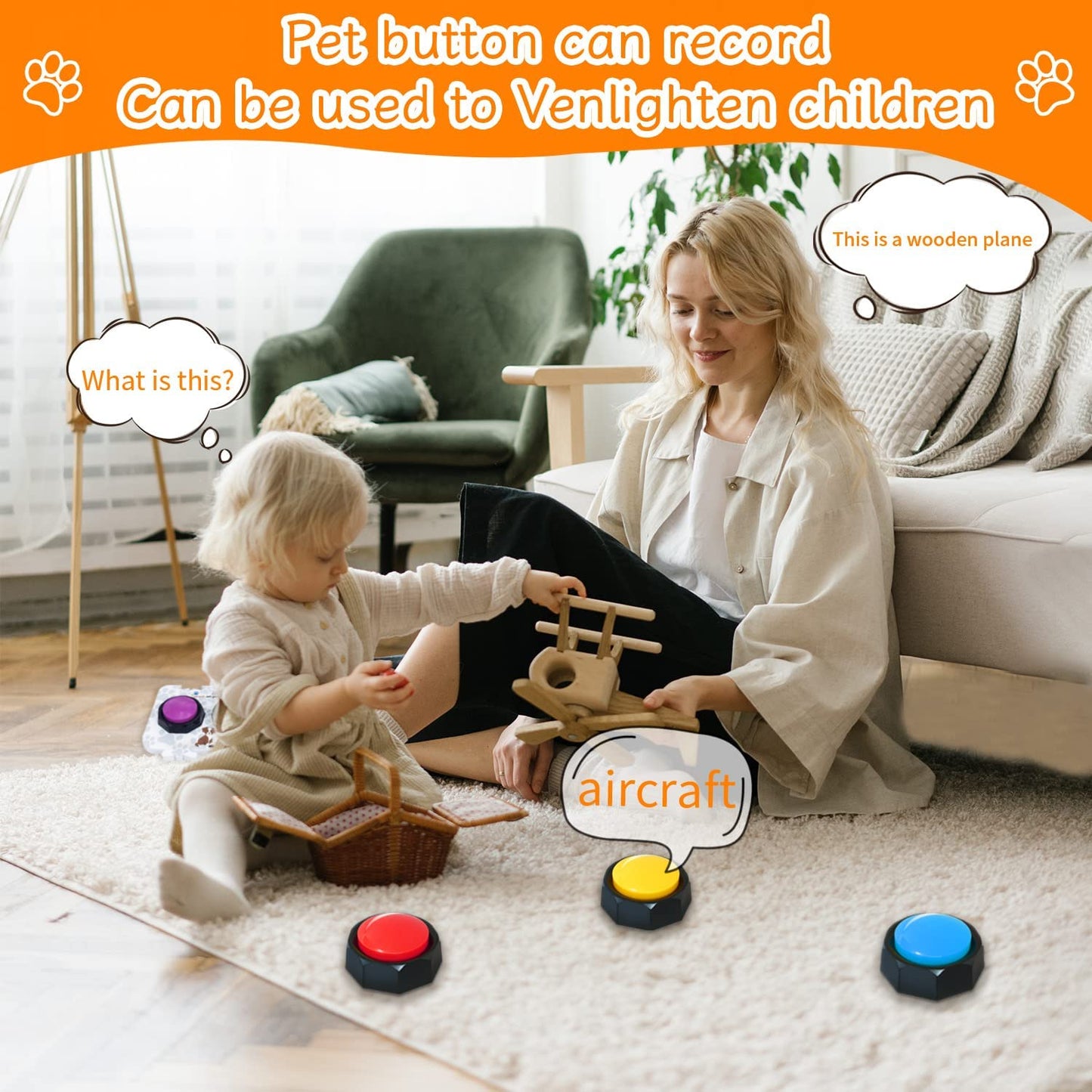 Set of 4 Dog Buttons,Including 2 Mats, Training Guide and Pre-Installed Battery. Dog Voice Training Buzzer ,Recordable Button ,Train Your Dog to Make the Sound They Want (Battery Included)
