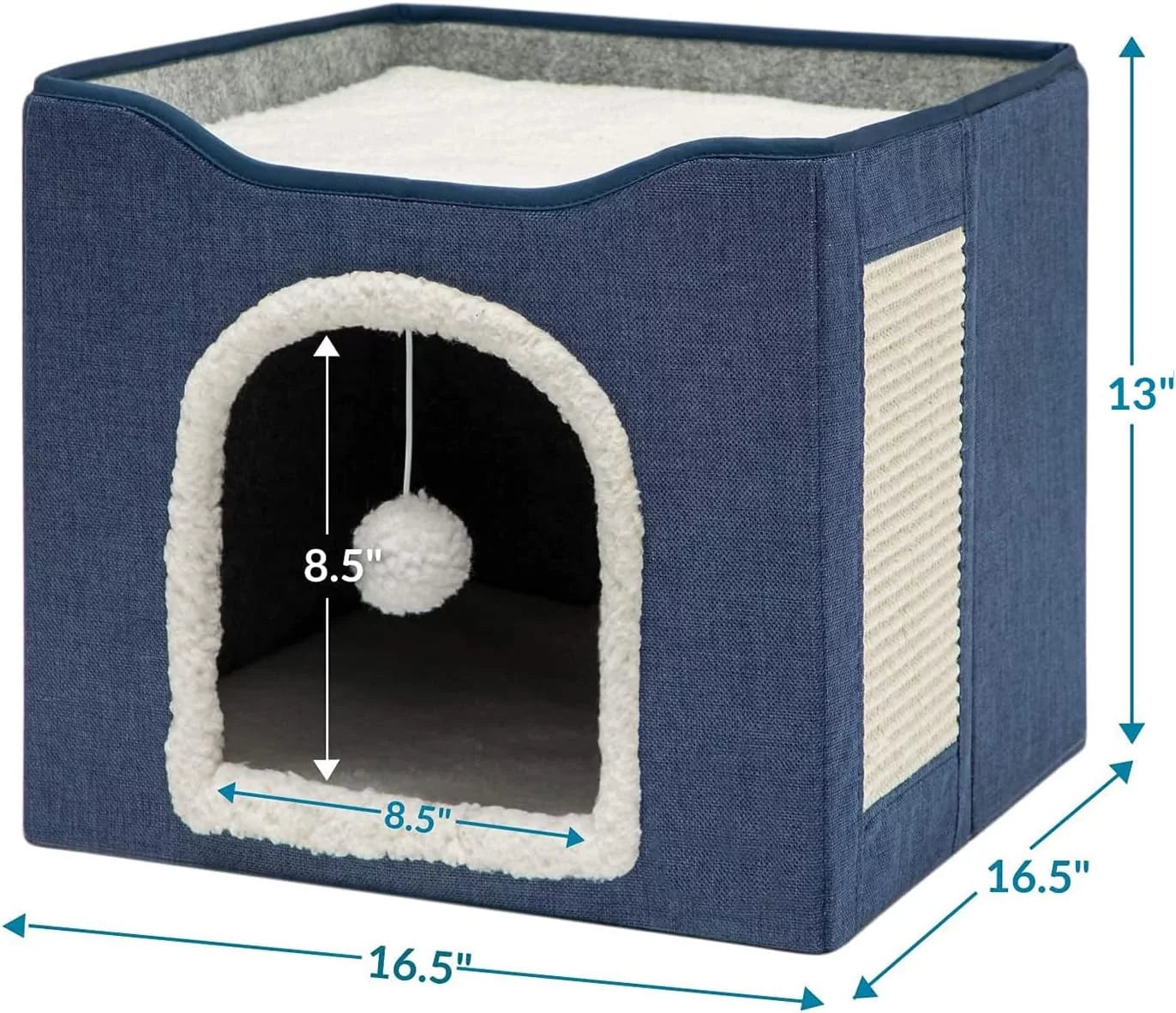 Cat Beds for Indoor Cats, Large Cat Cave for Pet Cat House with 2 Cushion, Cute Modern Cat Igloo with Ball Hanging and Scratch Pad for Multi Small Pet Large Kitten Kitty, Grey