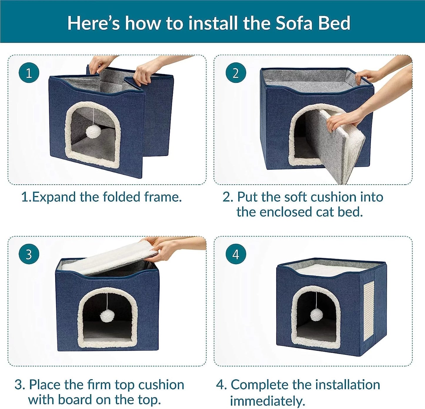 Cat Beds for Indoor Cats, Large Cat Cave for Pet Cat House with 2 Cushion, Cute Modern Cat Igloo with Ball Hanging and Scratch Pad for Multi Small Pet Large Kitten Kitty, Grey