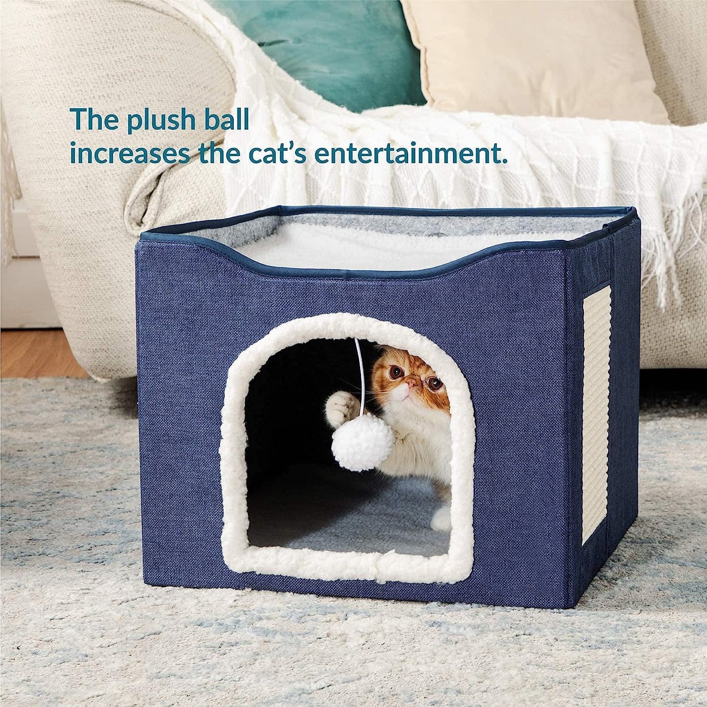 Cat Beds for Indoor Cats, Large Cat Cave for Pet Cat House with 2 Cushion, Cute Modern Cat Igloo with Ball Hanging and Scratch Pad for Multi Small Pet Large Kitten Kitty, Grey