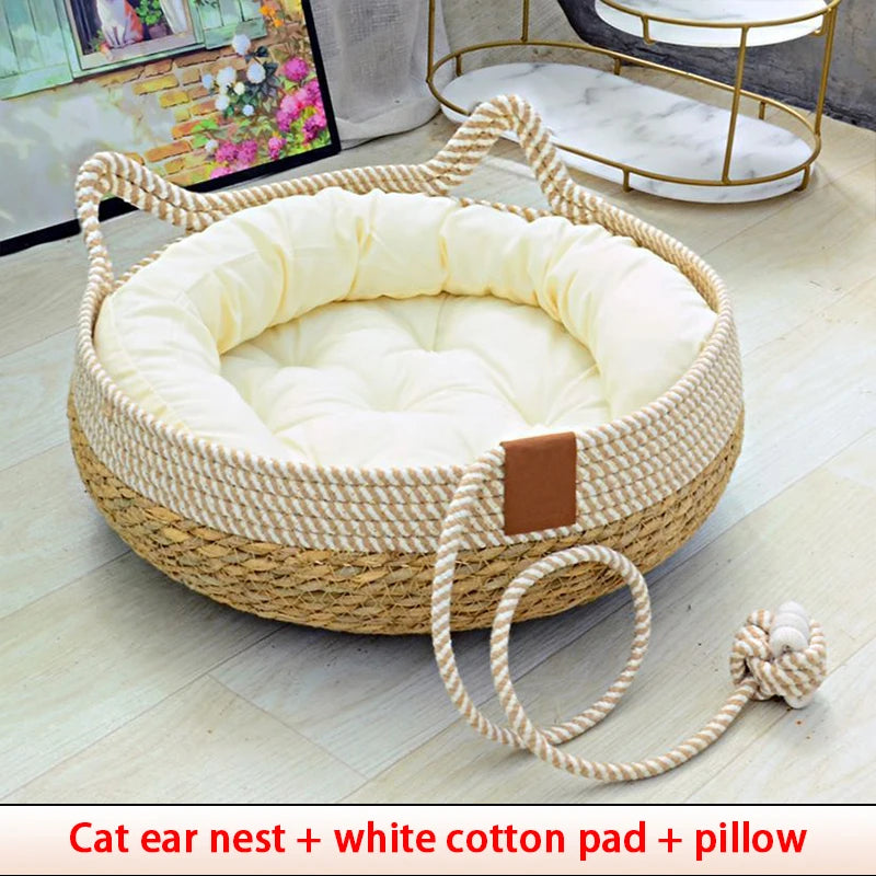 Four Seasons Cat Bed Woven Removable Upholstery Sleeping House Cat Scratch Floor Rattan Washable Cats Pet Products Accessories