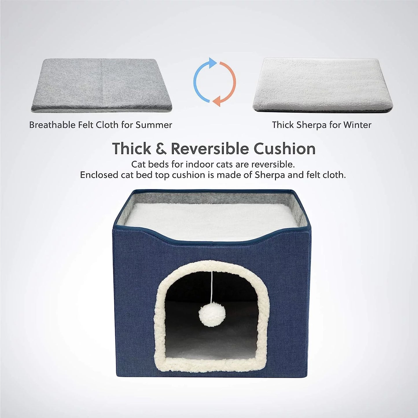 Cat Beds for Indoor Cats, Large Cat Cave for Pet Cat House with 2 Cushion, Cute Modern Cat Igloo with Ball Hanging and Scratch Pad for Multi Small Pet Large Kitten Kitty, Grey