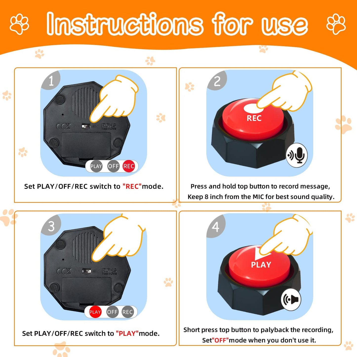 Set of 4 Dog Buttons,Including 2 Mats, Training Guide and Pre-Installed Battery. Dog Voice Training Buzzer ,Recordable Button ,Train Your Dog to Make the Sound They Want (Battery Included)