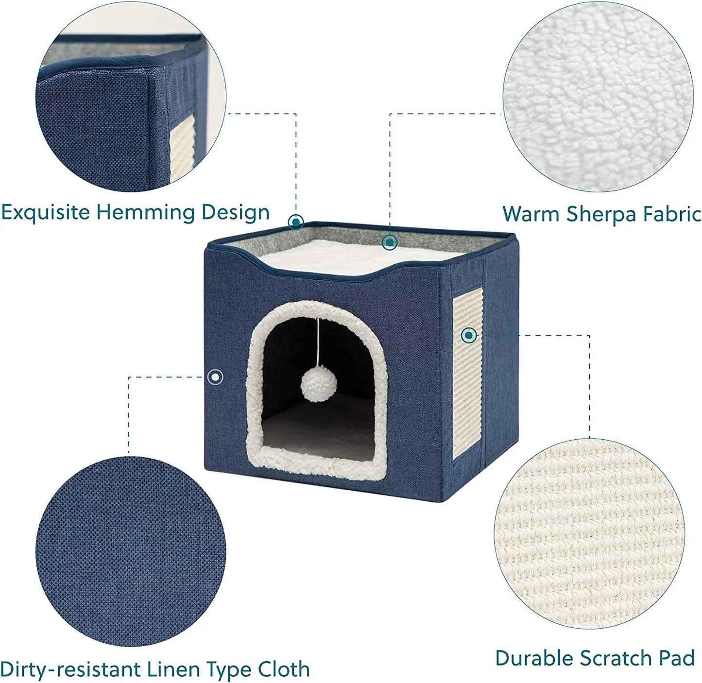 Cat Beds for Indoor Cats, Large Cat Cave for Pet Cat House with 2 Cushion, Cute Modern Cat Igloo with Ball Hanging and Scratch Pad for Multi Small Pet Large Kitten Kitty, Grey