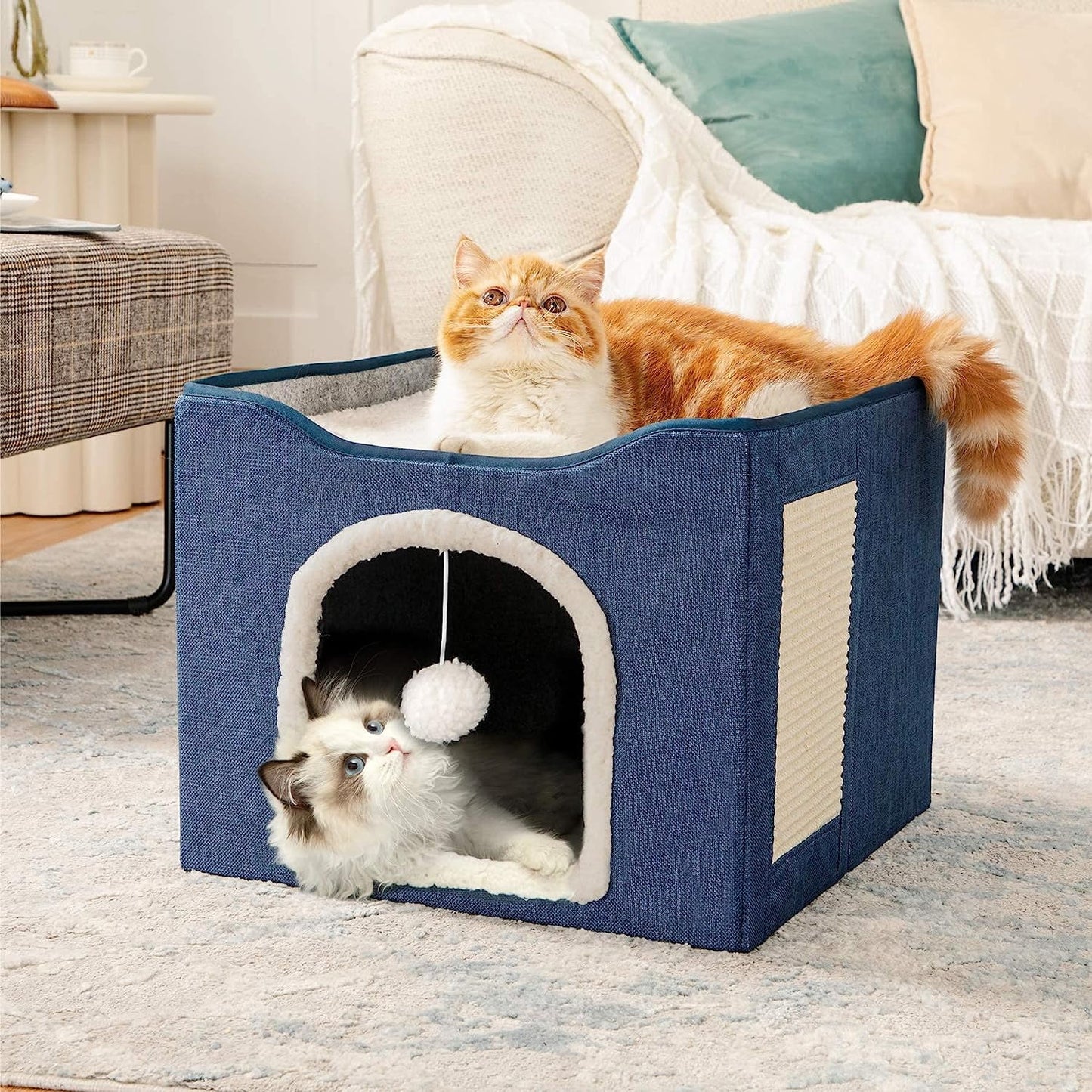 Cat Beds for Indoor Cats, Large Cat Cave for Pet Cat House with 2 Cushion, Cute Modern Cat Igloo with Ball Hanging and Scratch Pad for Multi Small Pet Large Kitten Kitty, Grey