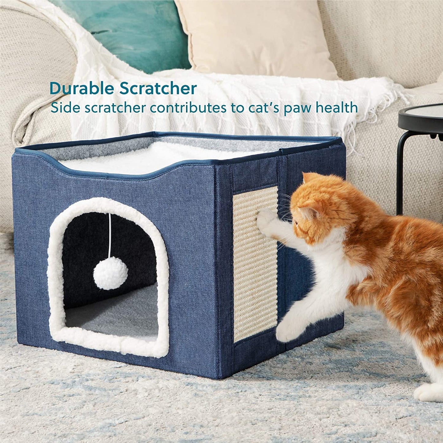 Cat Beds for Indoor Cats, Large Cat Cave for Pet Cat House with 2 Cushion, Cute Modern Cat Igloo with Ball Hanging and Scratch Pad for Multi Small Pet Large Kitten Kitty, Grey