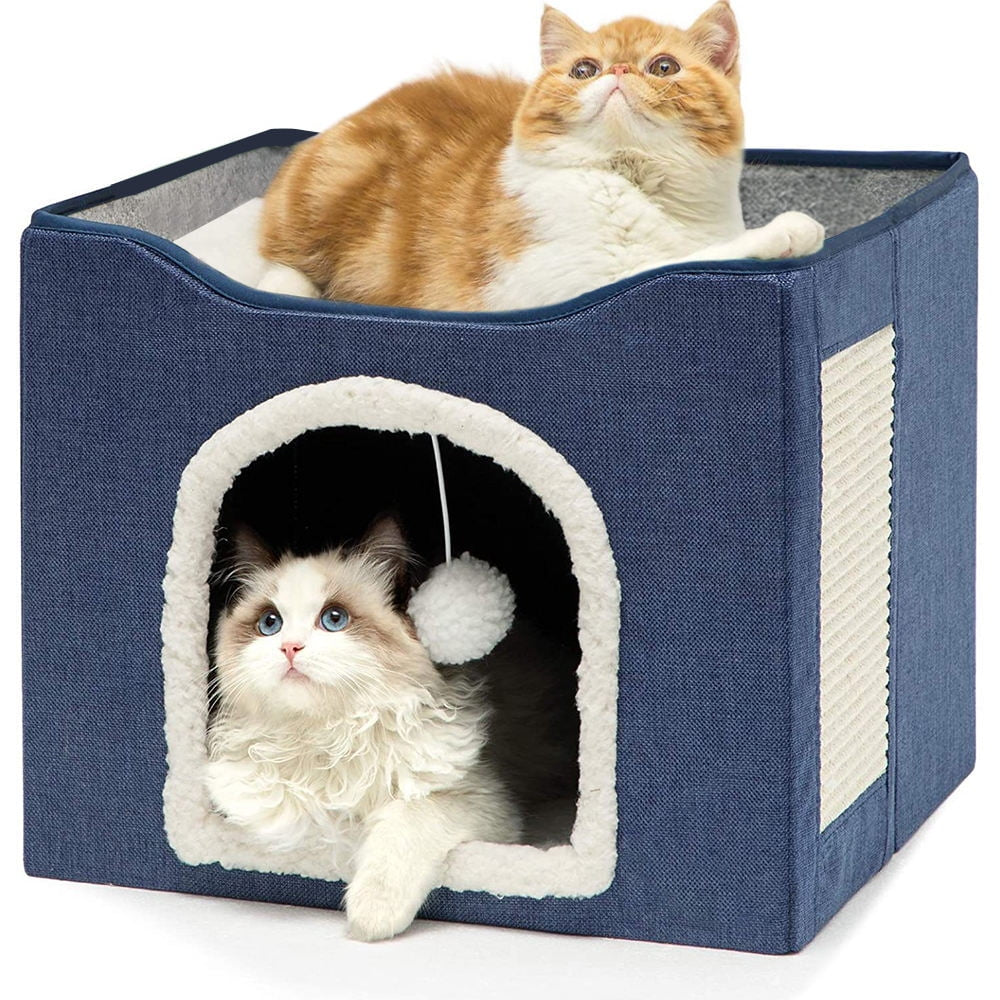Cat Beds for Indoor Cats, Large Cat Cave for Pet Cat House with 2 Cushion, Cute Modern Cat Igloo with Ball Hanging and Scratch Pad for Multi Small Pet Large Kitten Kitty, Grey