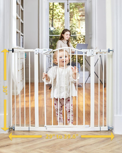 29-39.6" Baby Gate for Pets, Auto Close Both Sides Dog Gate with One-Hand Opening, 30" Tall Safety Gates for Stairs, Hallways, Bedrooms, Wall Pressure Mount No Drill, White