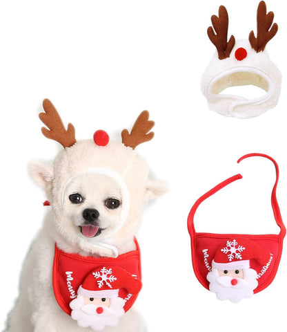 2PCS Christmas Adjustable Pet Christmas Costume Set Including Reindeer Antlers Christmas Tree Headband and Pet Christmas Accessories Decoration Scarf (Red, L)