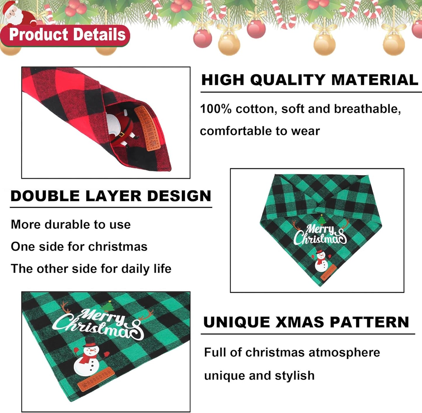 2 Pack Dog Bandana Christmas Classic Plaid Pet Scarf Triangle Bibs Kerchief Merry Christmas Santa Snowman Print Pet Bandana for Medium Large Dogs Pets (Christmas-1, Large)