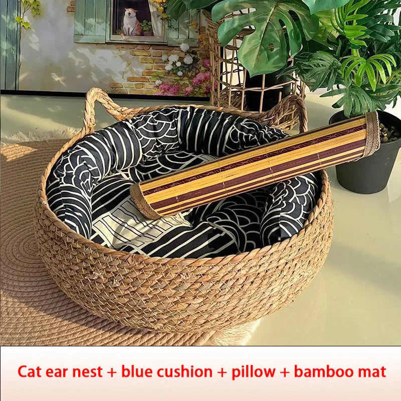 Four Seasons Cat Bed Woven Removable Upholstery Sleeping House Cat Scratch Floor Rattan Washable Cats Pet Products Accessories