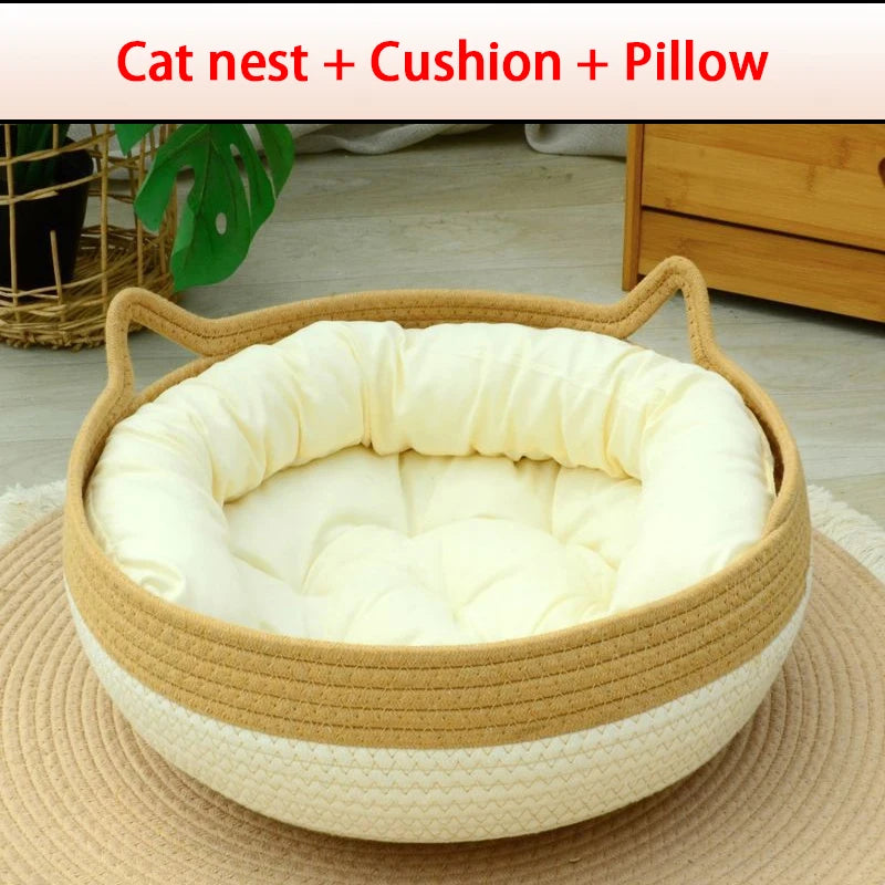 Four Seasons Cat Bed Woven Removable Upholstery Sleeping House Cat Scratch Floor Rattan Washable Cats Pet Products Accessories