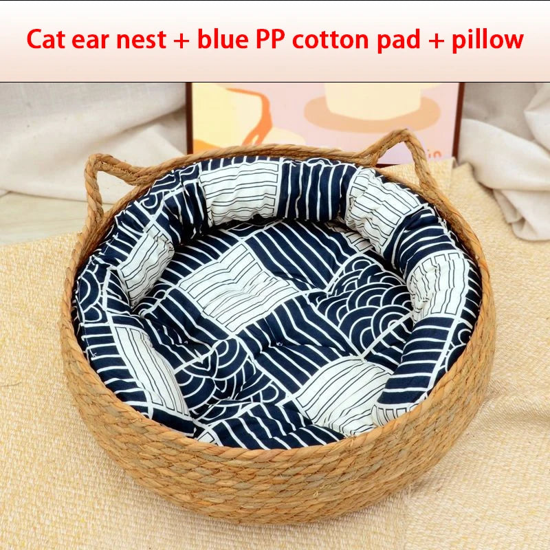 Four Seasons Cat Bed Woven Removable Upholstery Sleeping House Cat Scratch Floor Rattan Washable Cats Pet Products Accessories