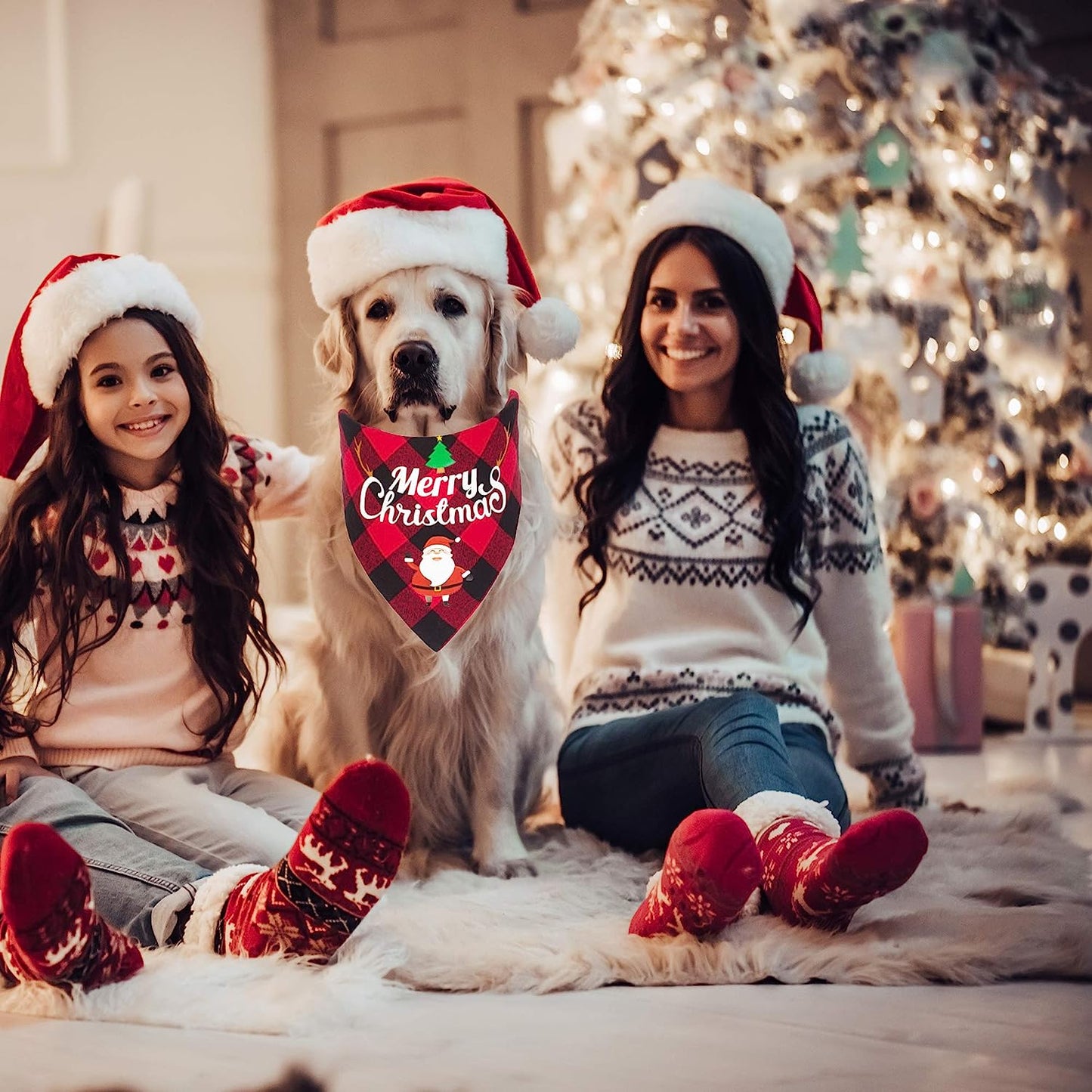 2 Pack Dog Bandana Christmas Classic Plaid Pet Scarf Triangle Bibs Kerchief Merry Christmas Santa Snowman Print Pet Bandana for Medium Large Dogs Pets (Red&Red, Large)