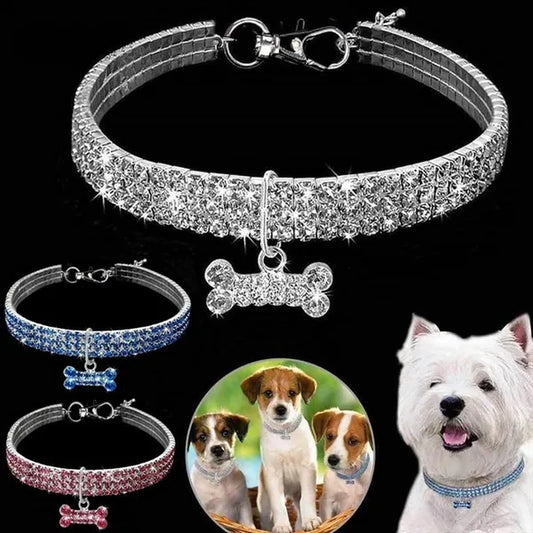 3 Colors Rhinestone Stretch Pet Collar Necklace Dog Leash Crystal Collar Tag Pendant Accessories for Dog Cat Pet Supplies